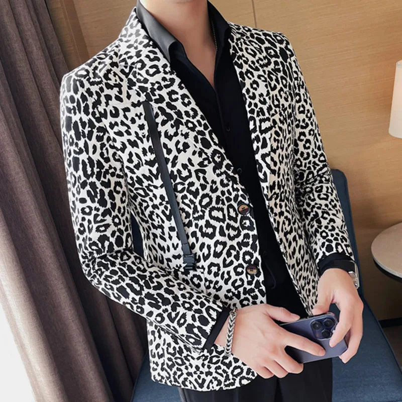 Retro Leopard Pattern Men Blazer British Suit Jacket Casual Vintage Masculino Daily Blazer Slim Hombre Chemish Homme