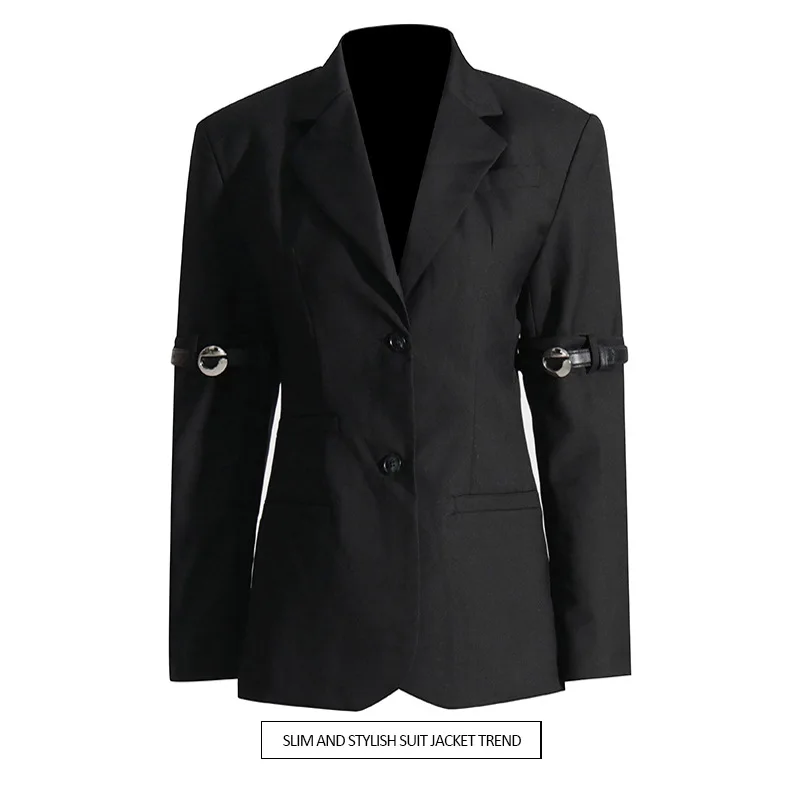 

2025 new cross-border foreign trade design sense small suit personalized splicing belt decoration slim suit jacket women's trend