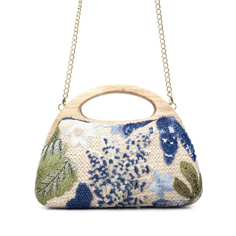 

Новая Вечерняя Сумка-Клатч с Вышивкой и Блестками, Дизайн Цветов, для Женщин, Модная, с Деревянной Ручкой и Цепочкой, Сумка Через Плечо, Sacs À Main