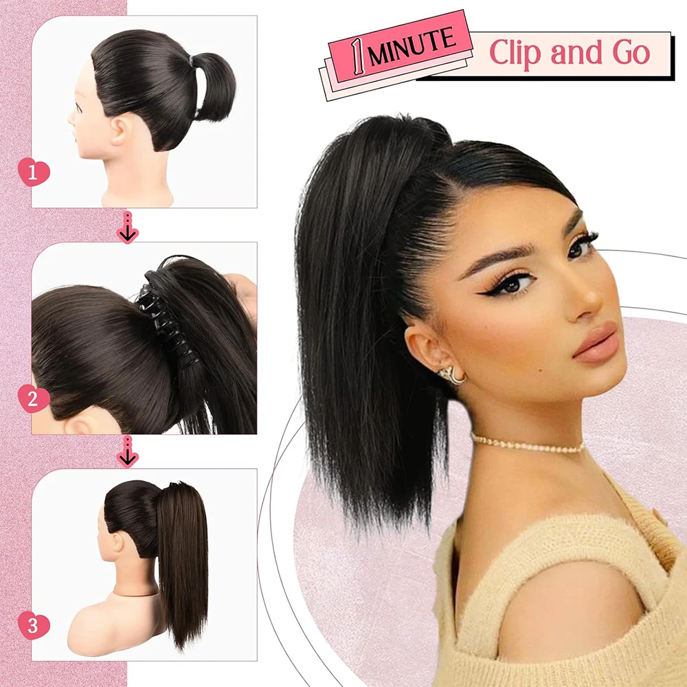 Synthetic Claw Clip On Medium Long Straight Ponytail Extensions 16Inch Fluffy Ponytail Clip In Hair Extensions Elegant For Women