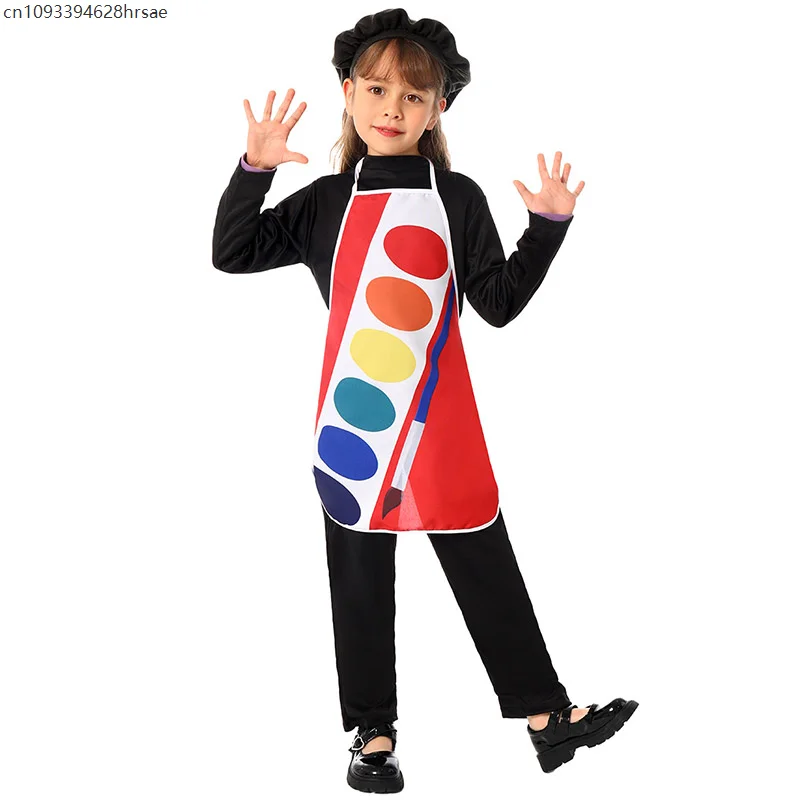 

Toddler Girls Watercolor Paint Palette Printed Apron With Beret Outfit Child Artist Painter Dress Up Halloween Costume for Kids