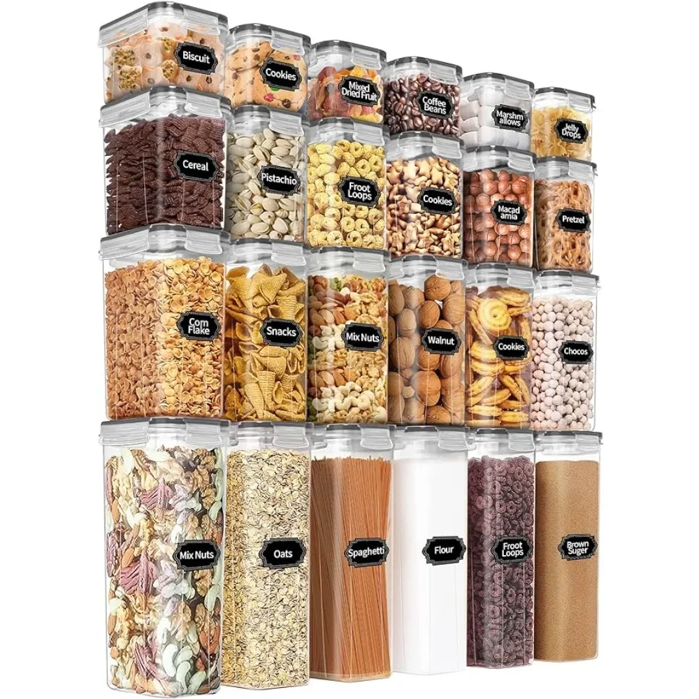 BPA Free Kitchen and Pantry Organization, Plastic Leak-proof Canisters for Cereal Flour & Sugar - Labels & Marker, Grey