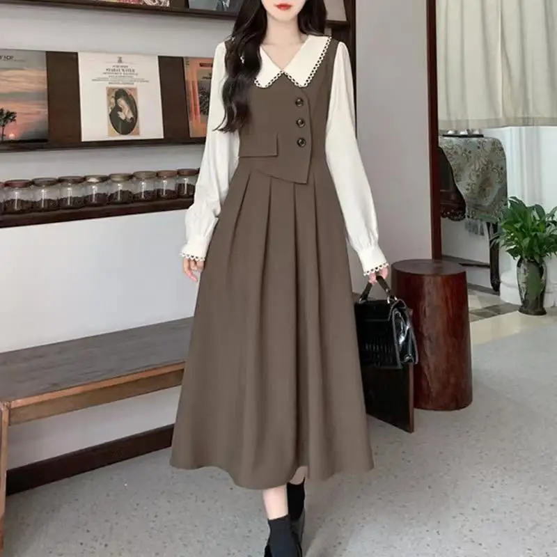 

Retro Patchwork Fake Two-Piece Dress Women's Long Sleeve Doll Collar High Design Sense Autumn Winter Elegant Long Dress