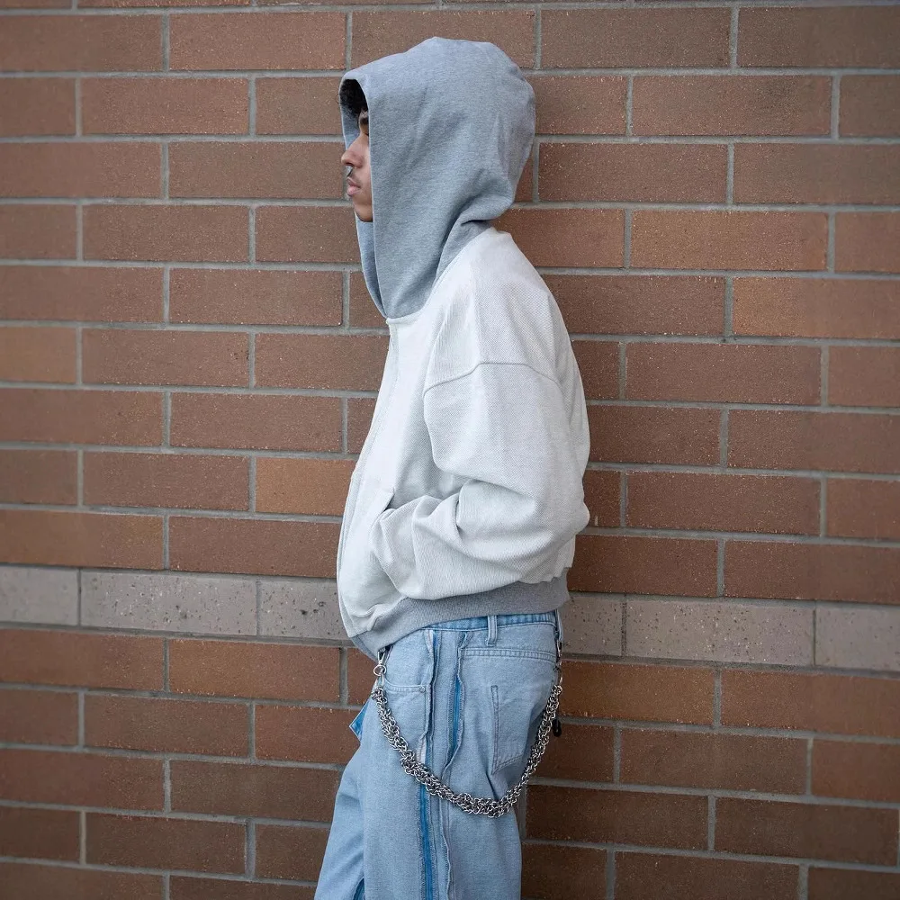 سويت شيرت بسحاب مقسم بلون سادة مخصص للشارع بأكمام طويلة للرجال والنساء مع قلنسوة وسترة كلاسيكية