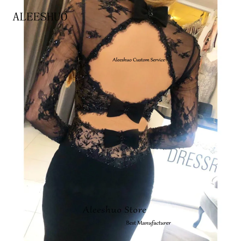 Aleeshuo Sexy Black Mermaid Evening Dresses Tulle Long Sleeves Backless Lace Prom Dress Sweep Train Cocktail Party Gown With Bow