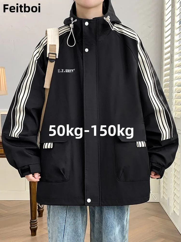 

plus Size Men's Hooded Striped Jaet Faionable Casual Outerwear Windproof Polyester Fabric Long Sve Regular Fit Autumn ...