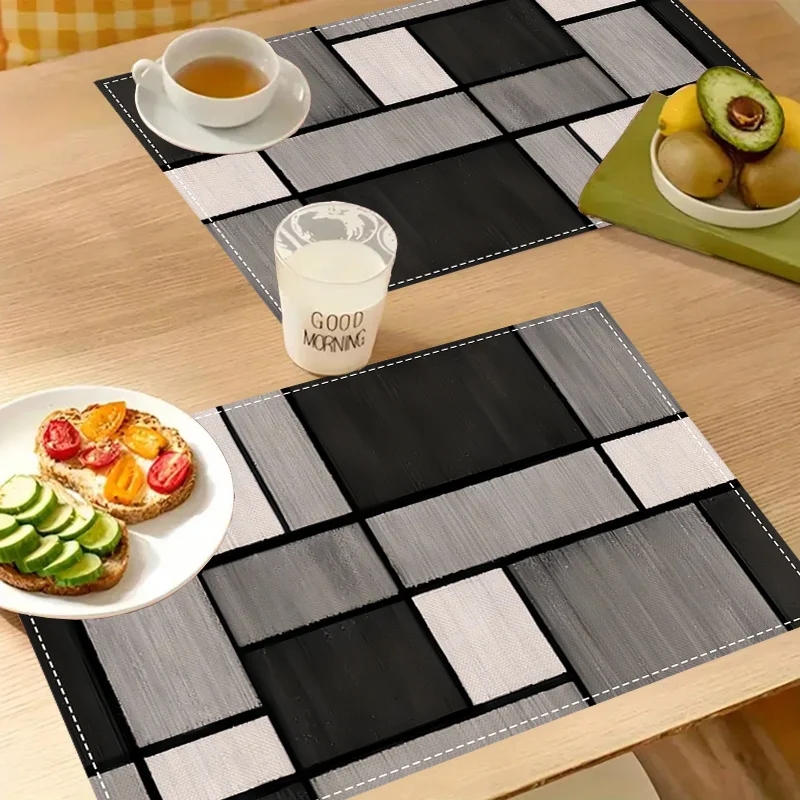4-Pack Linen Placemats Black Grey Geometric Plaid Pattern,For Dining Room, Kitchen, Holiday Party, and Cafe Decor