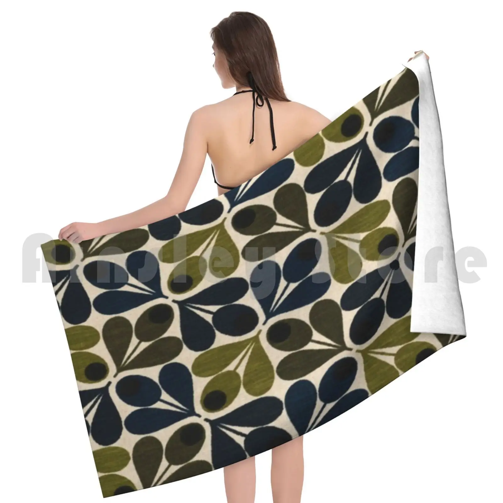 Orla Kiely Design Bath Towel Beach Cushion Marimeko Ivory Hygge Danish Blue Background 1970 1960s 1960 Texture view 5