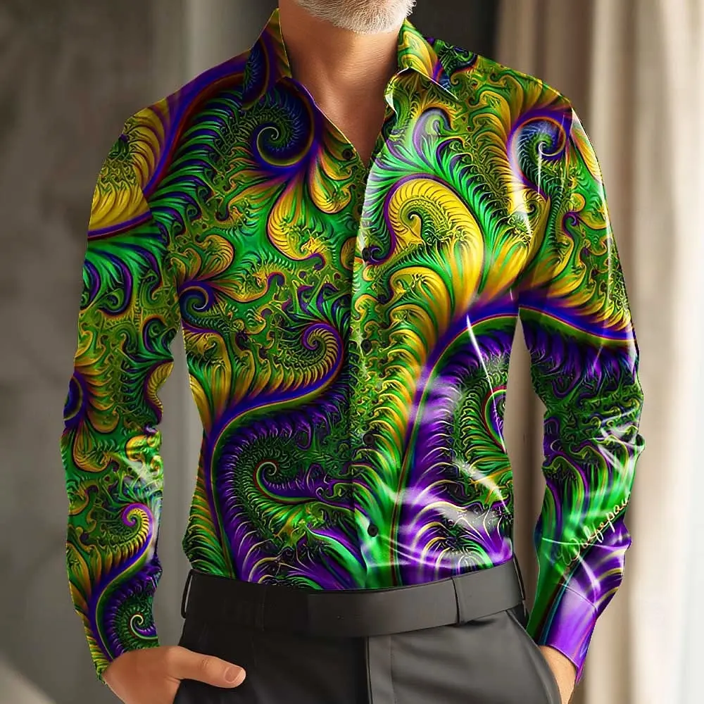 

Mardi Gras Men's Colorful Carnival Mask with Feathers Shirt Long Sleeve Fashion Casual Party Summer 3D Print Button Up Shirt