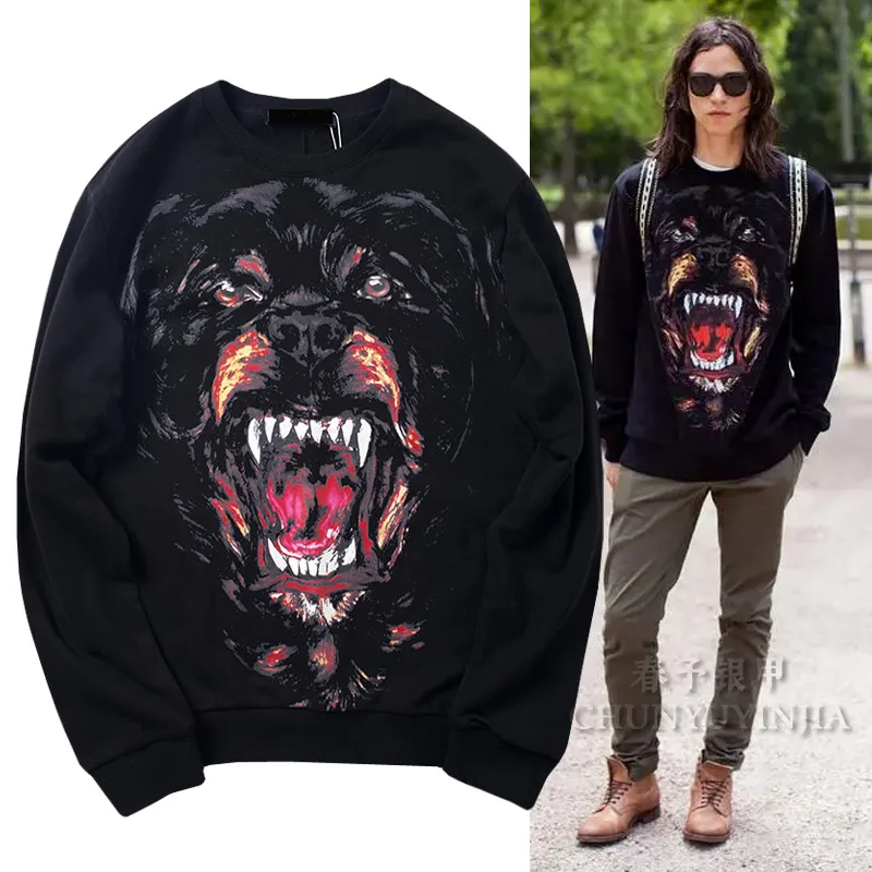 

Chun yu yin jia Designer High Street luxury brand Dog Print Pattern Black women Men couple wear sweatshirt pullover hoodie