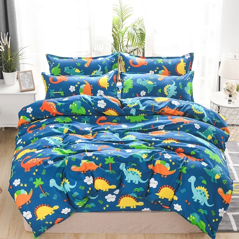 Copripiumino con dinosauri blu Queen Kids Cartoon Copripiumino Set per ragazzi Set di biancheria da letto con motivo animali morbidi e carini Decorazioni per la casa