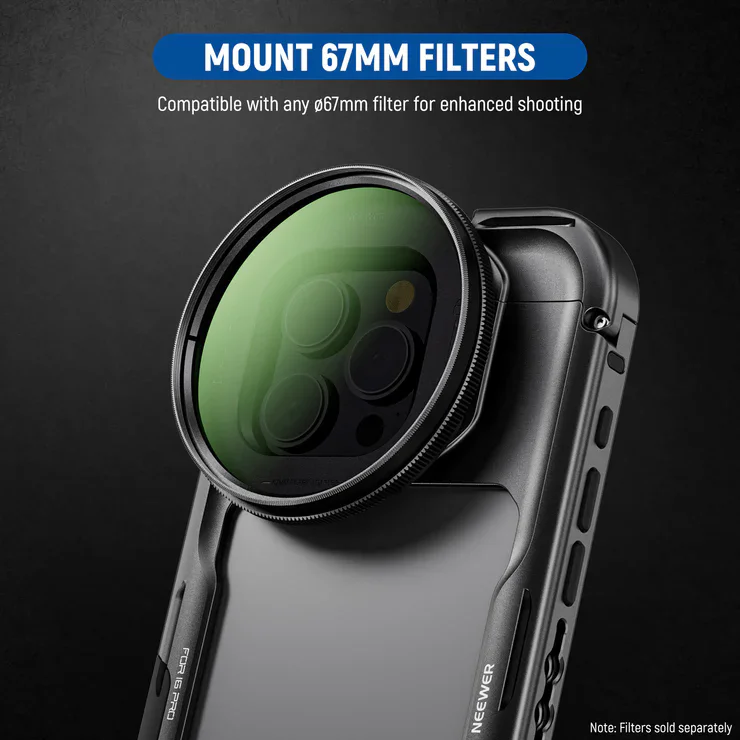 NEEWER Funda tipo jaula para teléfono con placa base de lente de 17 mm y adaptador de filtro de 67 mm para iPhone 16 Pro/ 16 Pro Max PA073/PA074