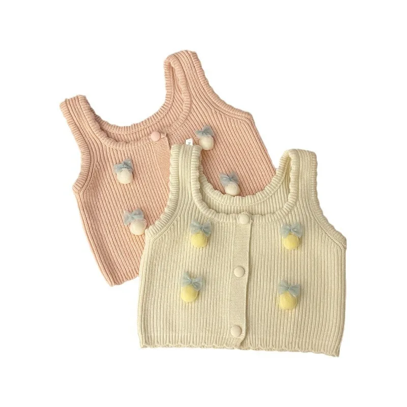 Girls Knitted Vest Spring and Autumn New Korean Fashion Solid Color Cute Bow Knitted Vest Kids Clothes Girls