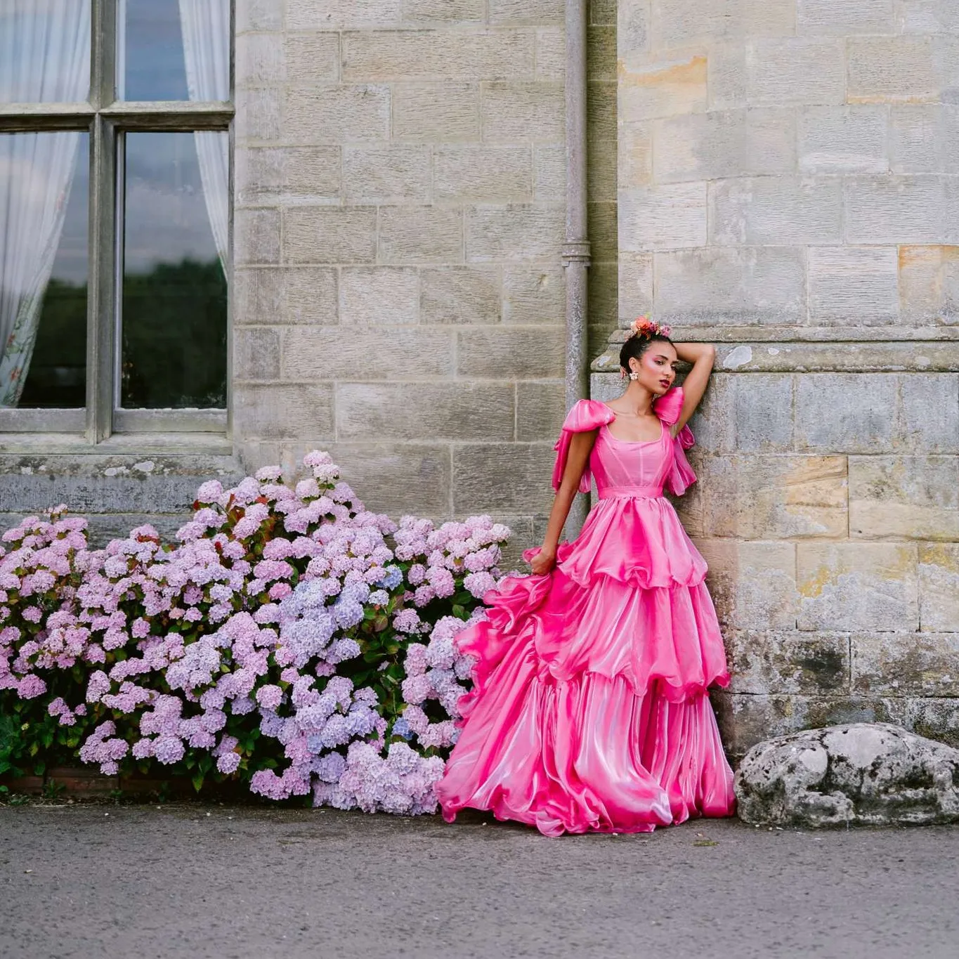 Fairytale Fuchsia Organza Layered Long Bridal Dresses With Both Bow One Shoulder Hot Pink Women Maxi Gowns