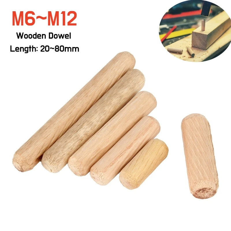 20~100pcs M6 M8 M10 M12 Round Fluted Wood Craft Dowel Pins Rods Wooden Dowel Cabinet Drawer Furniture Fitting Length 20~80mm