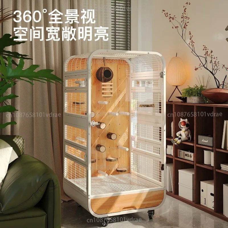 Panoramic View of A High-End Birdcage “Parrot Villa” with Luxury Eco-Friendly Cabinet and DIY Perch Poles