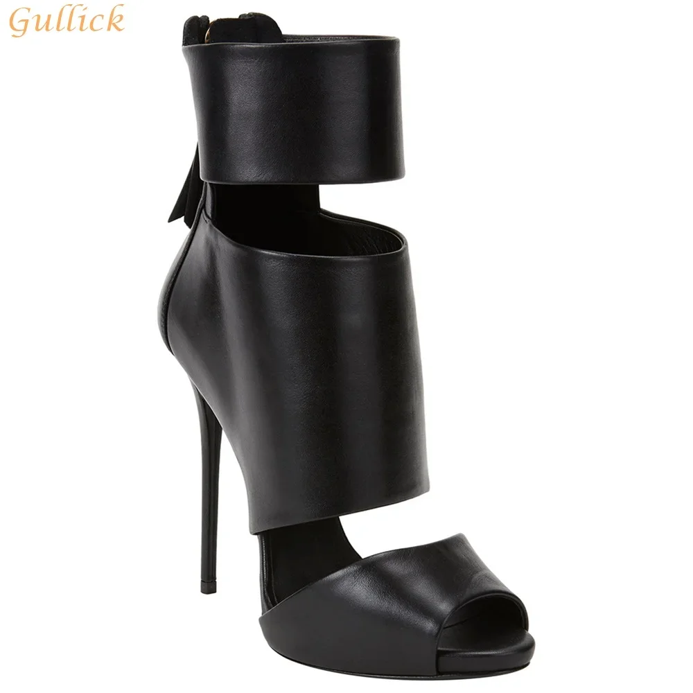 

Black PU Peep Toe Sandals Boots Stiletto Heel Hollow Back Zipper Ankle Boots Women Sexy Genuine Leather High Heel Boots Plus Siz