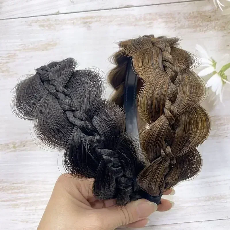 女性と女の子のためのツイストブレイドウィッグヘッドバンド、ヘアアクセサリー、編組ヘアバンド、3ストランドワイドつばの広い、ソリッドベゼルヘッドフード