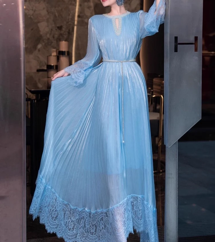 Blue Beading Lace Patchwork Loose Dress Women Elegant O-neck Vintage Clothing Lady Streetwear Holiday Party Vestidos Bodycon