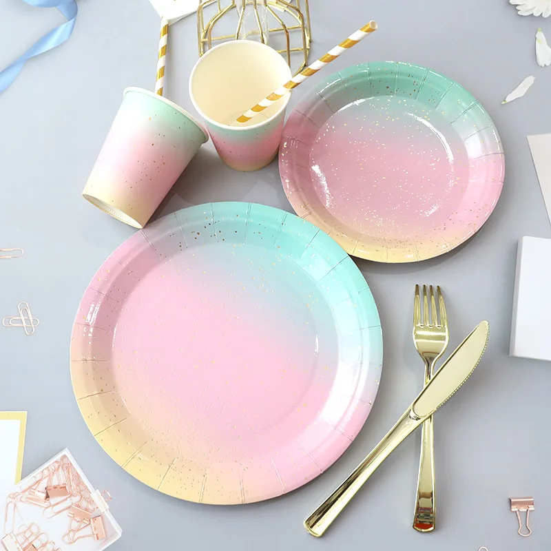 Regenbogen-Geschirrset für Geburtstagsparty-Dekorationen, Regenbogen-Geschirr, Pappteller, Tassen, Servietten, Tischdecke, Abendessen, Einwegartikel – Detail 16