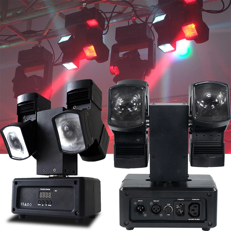 Mini 2 Arm Rotating Moving Head Lights LED DJ Disco Strobe Beam Stage Effect RGBW DMX Sound Control Audience Show Stage Lighting