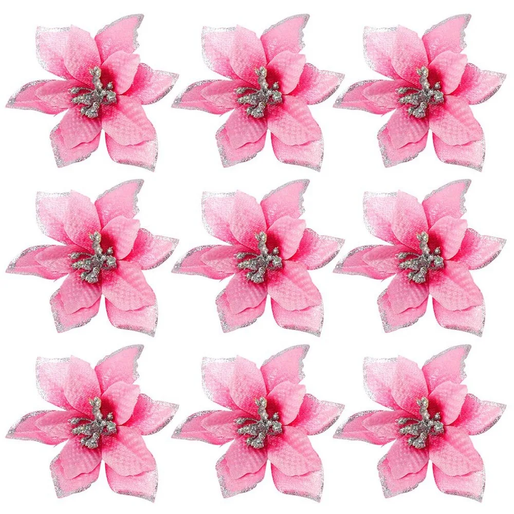 50 Pack Glitter Poinsettia Christmas Tree Ornaments 5Inch Artificial Silk Flowers Picks Decor Wreath Garland (Pink)