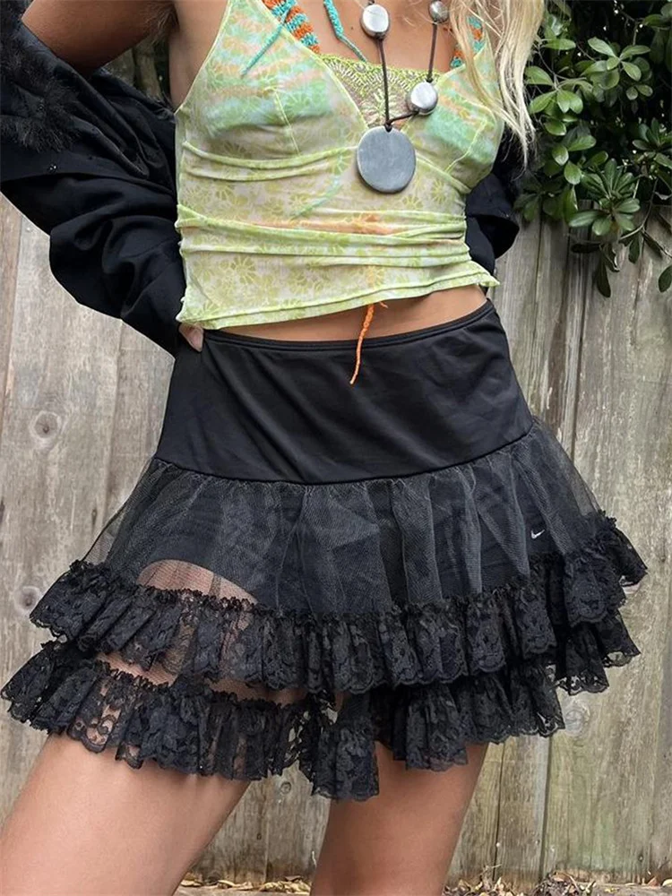 CHRONSTYLE Women Lace Mesh Patchwork Short Mini Skirts Low Waist See Through Layered Ruffles Skirts Casual Party Streetwear 2025