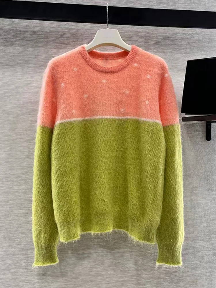 Jersey de punto con cuello redondo de mohair a juego Vintage para mujer, suéter recto todo en uno a la moda para fiesta de vacaciones, otoño 2024