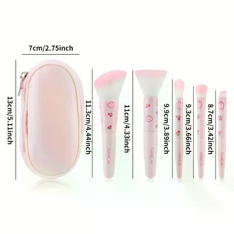 5pcs Cute Compact Makeup Brush Set With Case Premium Brush For Flawless Foundation, Blush, Eyeshadow Application Beauty Tools