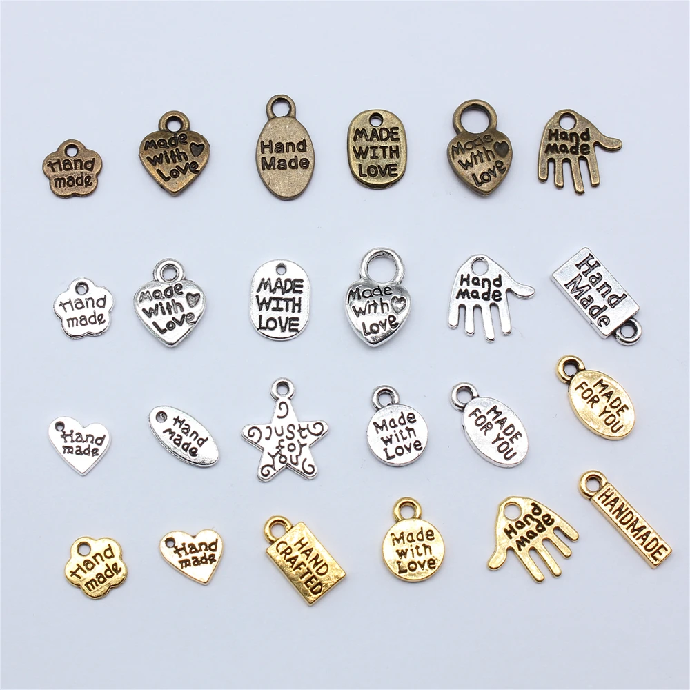 40pcs Metal Alloy 3 Colors Letter Florets Heart Hand Made Charms Made With Love Pendants For Jewelry Making DIY Handmade Craft