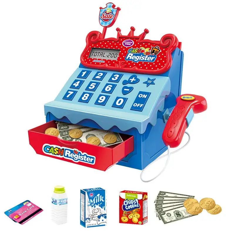 Fai finta di un mini cassiere con registratore di cassa con uno scanner simulato modello di cassiere del supermercato per imparare la conoscenza del cassiere