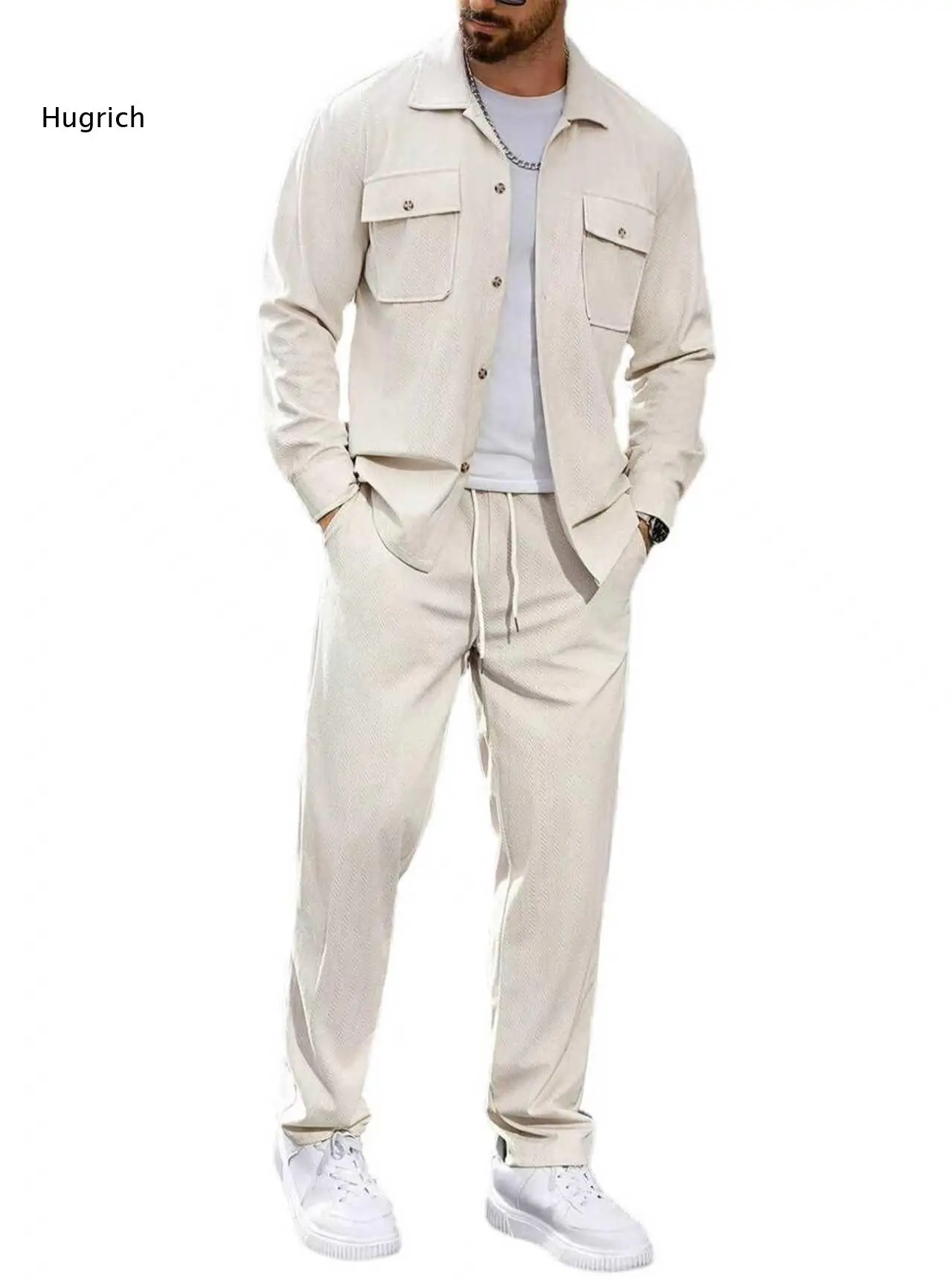 Textured Fabric Mens Co Ord Set Lapel Long Sleeve Shirt With Chest Pockets And Drawstring Waist Solid Color Long Trousers