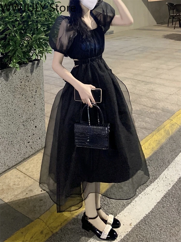 Vintage Black One Piece Dress Korean Short Sleeve Elegant Midi Dress Woman Party 2022 Summer Slim Casual Sexy Backless Dress