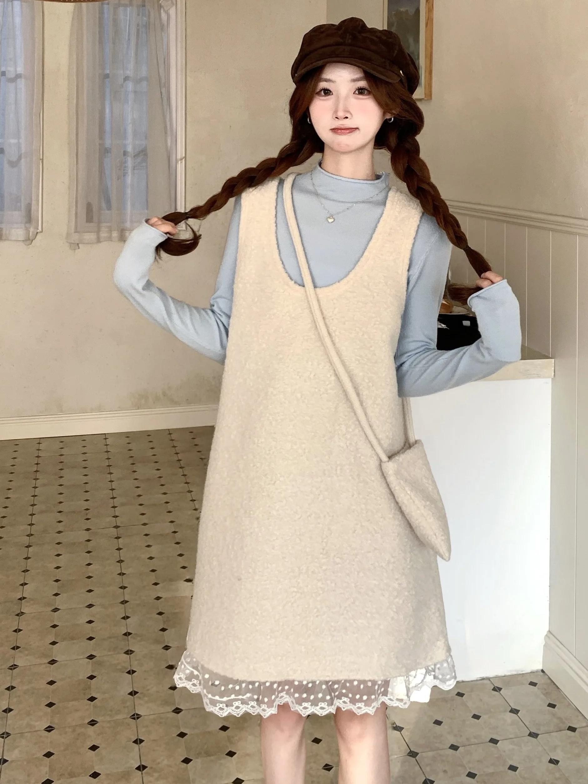 Suéter de punto para mujer Dr con empalme de encaje, corte holgado, ropa informal de otoño, conjunto de falda acampanada de longitud media