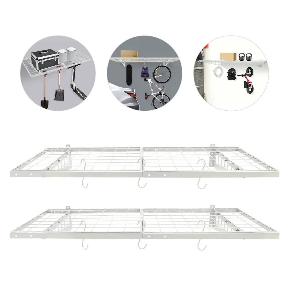 2-Pack Garage Shelving with 6 Hooks, 24x48 Inch Wall Storage Rack