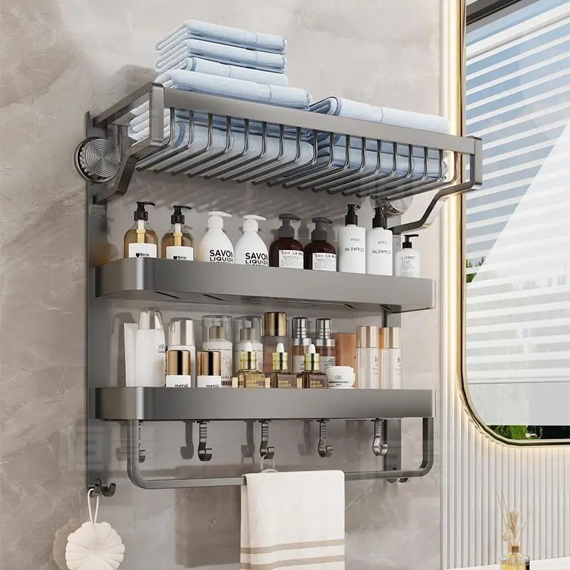 Suction Cup Space Aluminum Towel Rack - No Drill Wall Mounted Holder with Hooks Rustproof Bath Accessories for Home/Office/Hotel