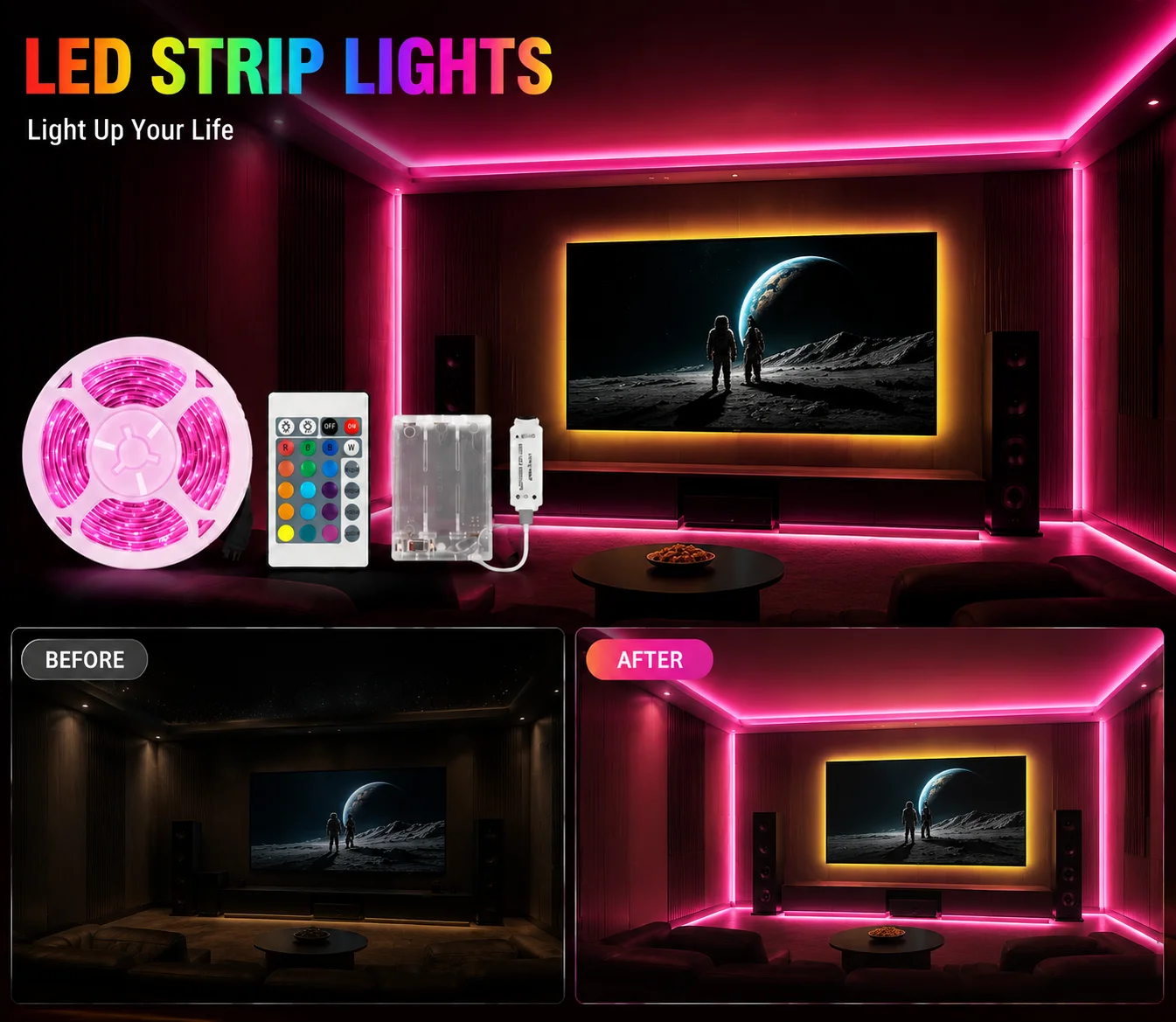 Indoor RGB LED light strip, battery powered (batteries not included). Suitable for room decor, parties, and Christmas decoration