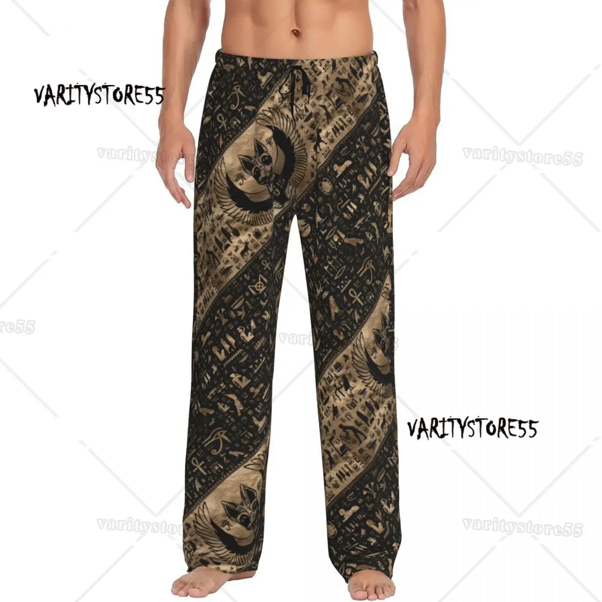 

Custom Egypt Egyptian Cat Goddess Pajama Pants Sleepwear Men Elastic Waistband Hieroglyphic Sleep Lounge Bottoms with Pockets