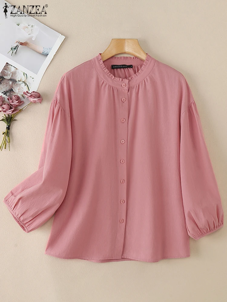 

2025 Spring Summer Women Blouses ZANZEA Elegant O Neck 3/4 Sleeve Flounce Work Shirt Solid Blusas Tunic Casual Button Down Tops
