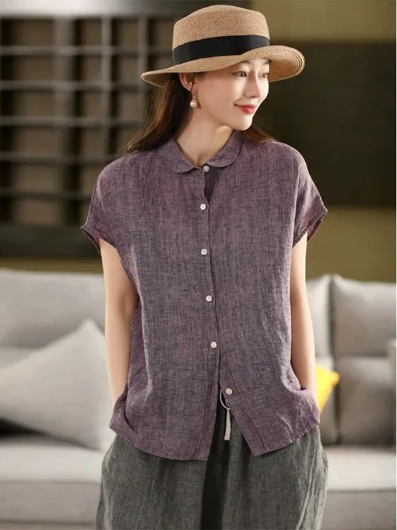

Retro Woven irt Women's Sle Summer New Small Artistic Lady Top High-End Feel Loose Linen Fabric Casual Sle Thin Model
