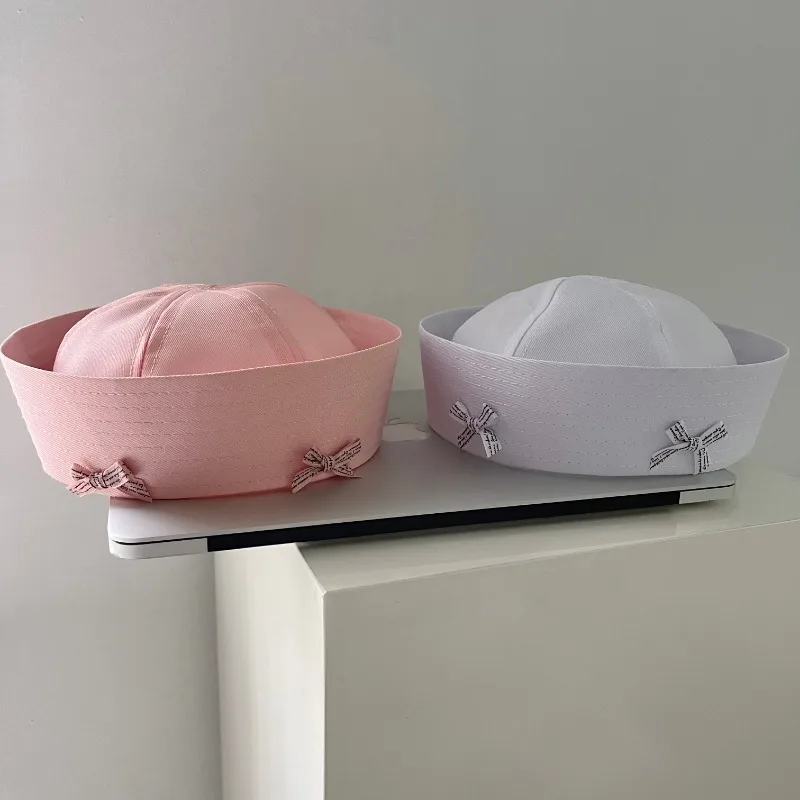 Japanese Cute Letter Bow Turned Brim Sailor Hat Women Sweet Solid Color Spring and Autumn Versatile Uniform Kpop Bucket Hats