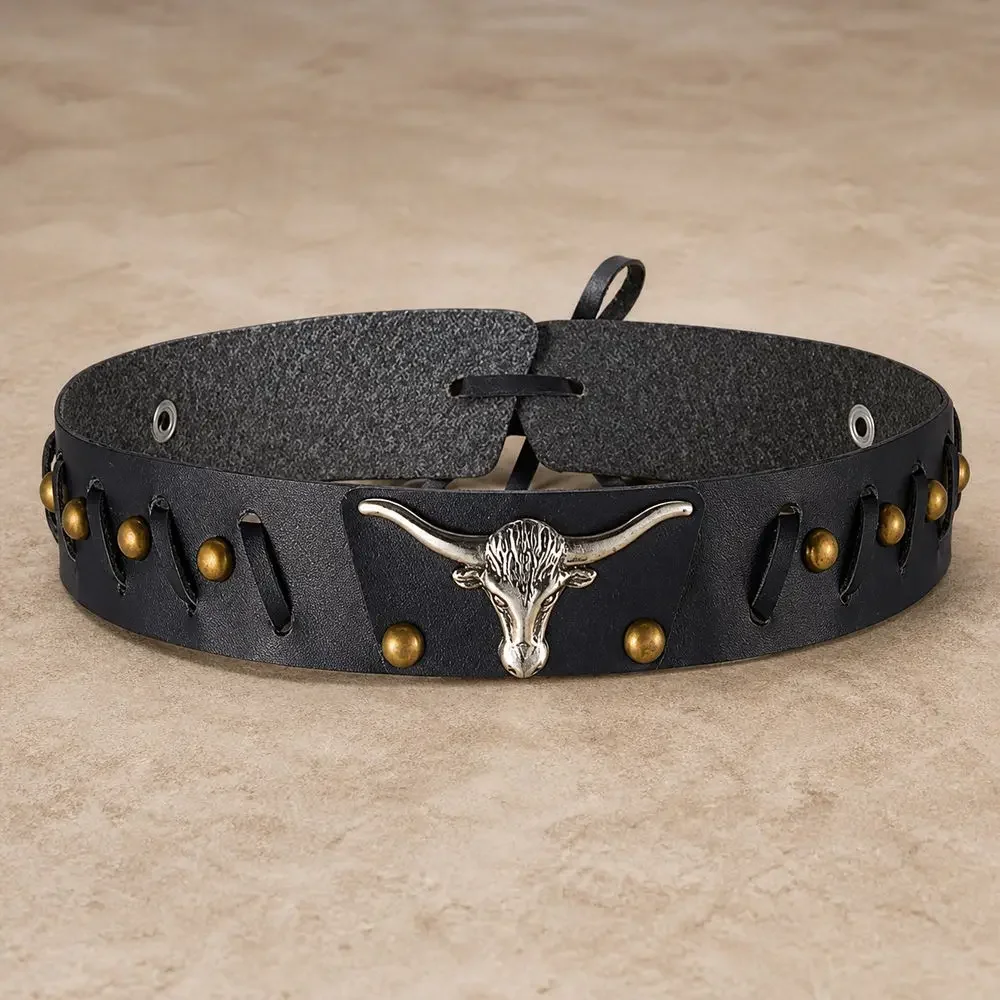Black Western Cowboy Hat Band Only, Silver Tone Longhorn Bull Head, Braided Trim, Metal Stud Details, Adjustable Tie Closure