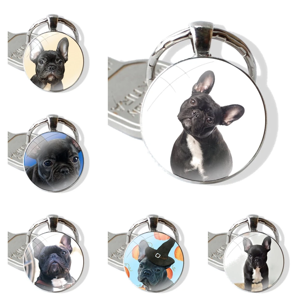 Fashion Design Cartoon Creative French Bulldog Puppy Keychain Handmade Glass Cabochon Key Ring Holder Pendant Key Chains