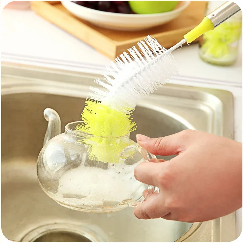 9607 color round head can be bent long handle washing cup brush decontamination bottle brush stainless steel handle Wash Cup who