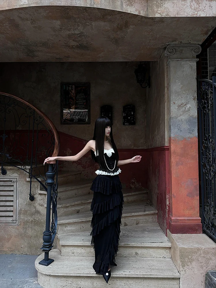 Bla Asymmetrical High Waist Long f Skirt Puffy Cake Sle Faion ow Collection Ele Ancient Trend Revival