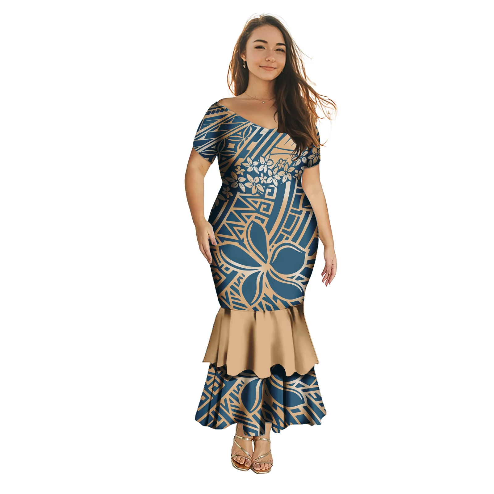 Custom Island Mermaid Dress Sexy Elegant Ladies Plus Size Beach Prom Big V-Neck Women's Floral Print Tribal Design Samoan Dress