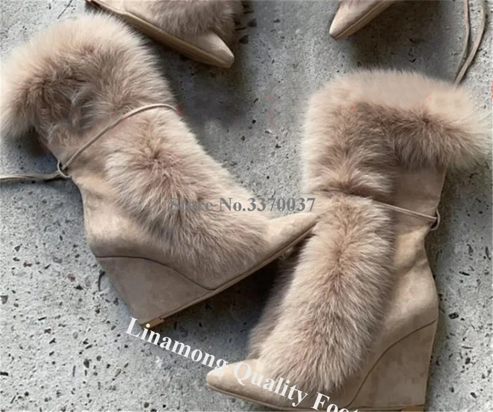 Linamong Newest Fur Fringes Mid-calf Wedge Boots Winter Sexy Pointed Toe Beige White Lace-up Warm Wedges Luxurious Boots