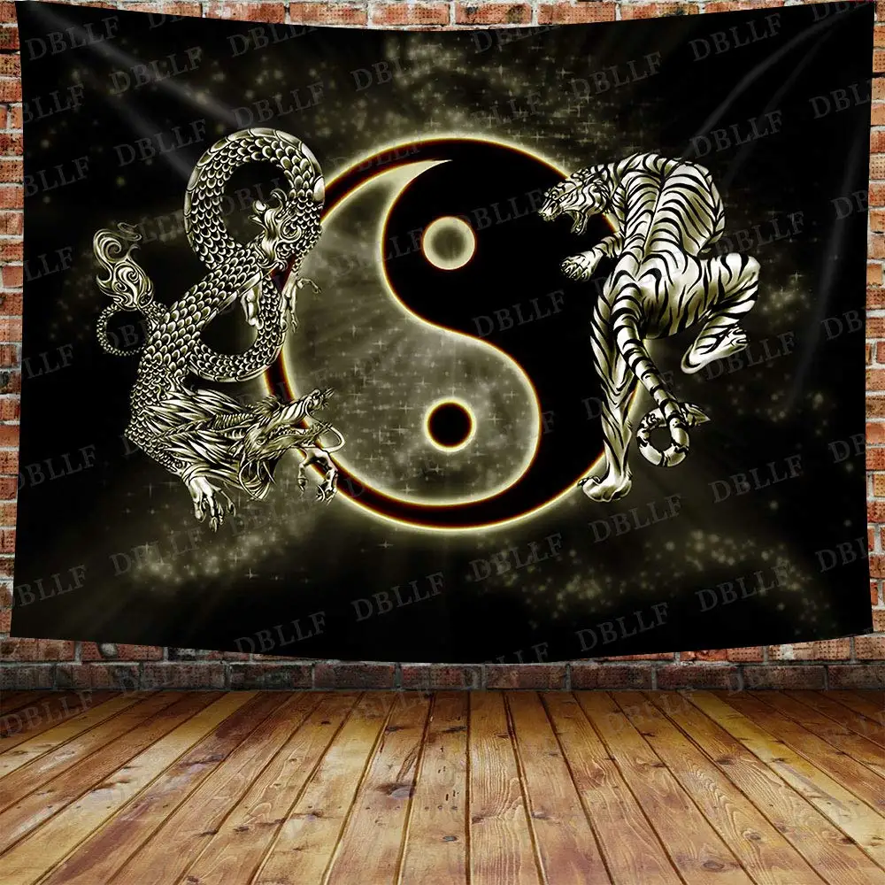 Cool Black and White Tai Chi Yin Yang Dragon Tapestry Wall Hanging for Bedroom Chinese Style Printing Tapestries Dorm Home Decor