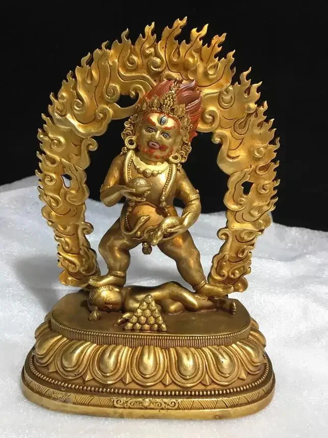 

23 см тибетская статуя Mahakala из чистой меди, позолоченная двухсторонняя статуя из искусственной меди, украшения