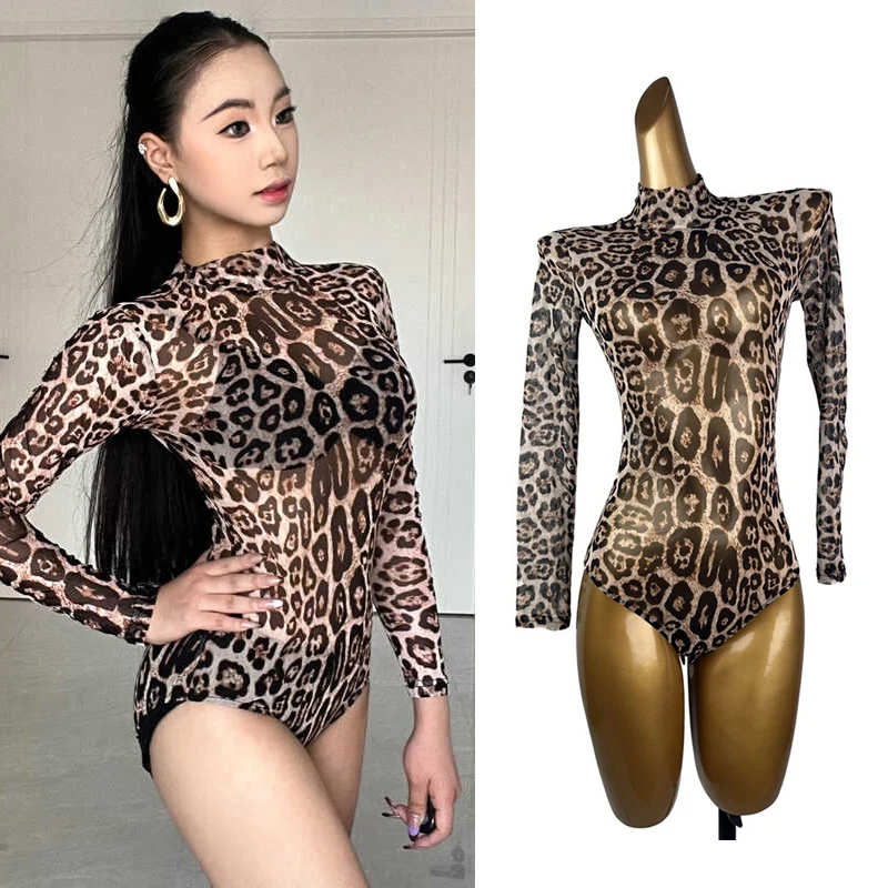 

Leopard Latin Dance Mesh Jumpsuit Women's Long Sleeve High Collar Dance Performance Tops Tango Ballroom Practice Bodysuit XH1324